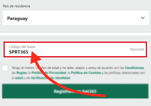 El campo de código de bonos de Bet365 se muestra durante el registro de usuario de escritorio en Paraguay - SPRT365