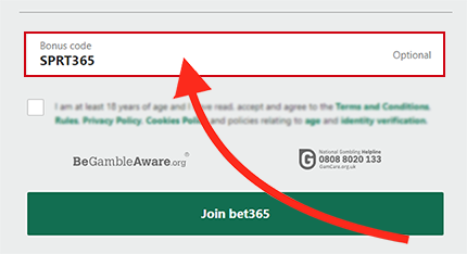 The Bet365 bonus code field shown during desktop user registration - SPRT365