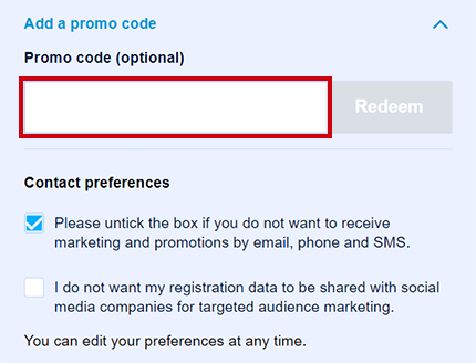 Location of the William Hill bonus code box.