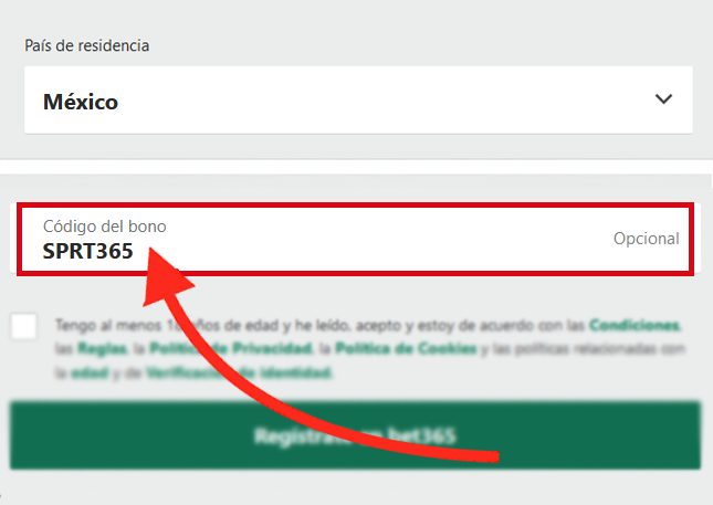 El campo de código de bono de Bet365 se muestra durante el registro de usuario de escritorio en Mexico - SPRT365