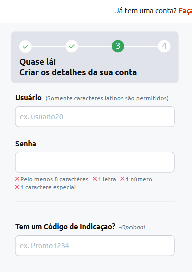 Campo para inserir o código de indicação Betano