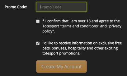Totesport account creation form with promo code box