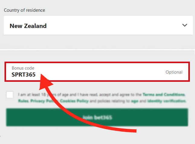 The Bet365 bonus code field shown during desktop user registration in New Zealand - SPRT365