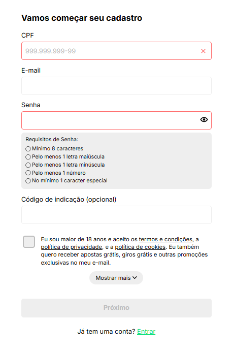 KTO formulário de cadastro