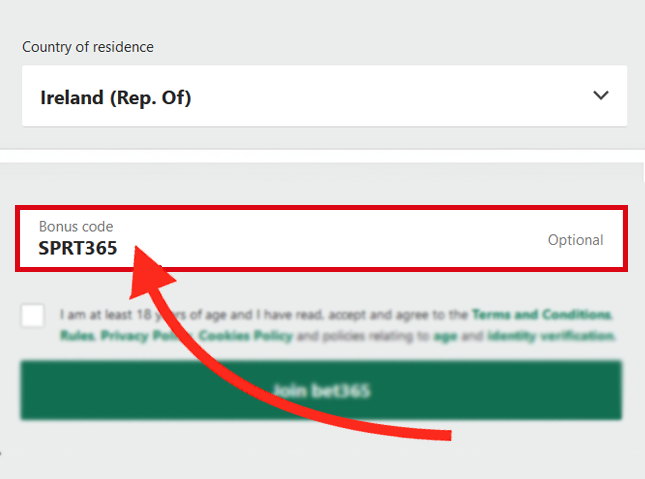 The Bet365 bonus code field shown during desktop user registration in the Republic of Ireland - SPRT365