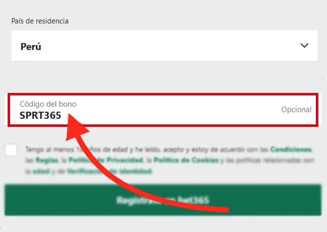 El campo de código de bonos de Bet365 se muestra durante el registro de usuario de escritorio en Perú - SPRT365