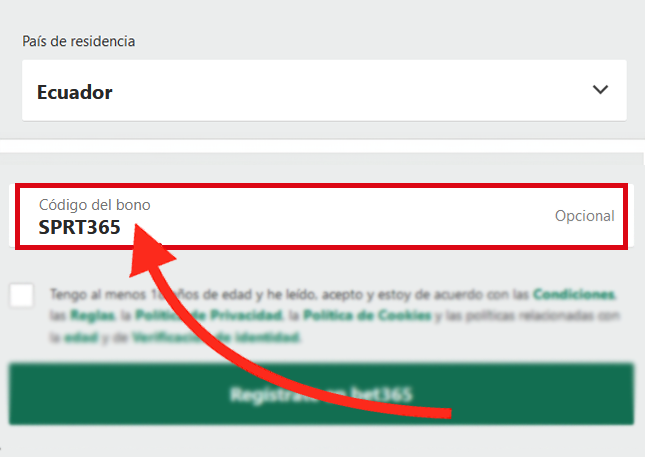 El campo de código de bonos de Bet365 se muestra durante el registro de usuario de escritorio en Equador - SPRT365