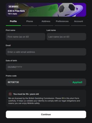 Midnite registration page