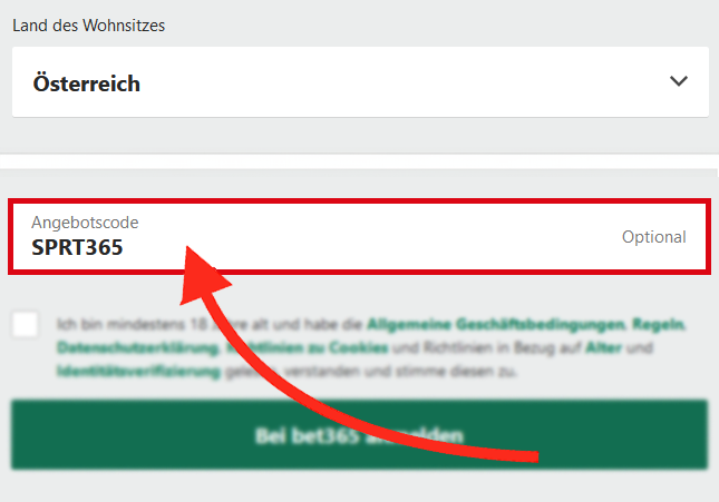 Das Bet365-Angebotscode-Feld, das während der Desktop-Benutzerregistrierung von Österreich - SPRT365
