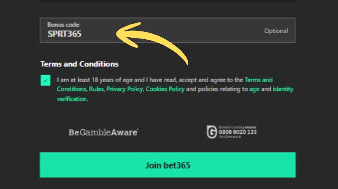 Where the bet365 bonus is entered when signing up
