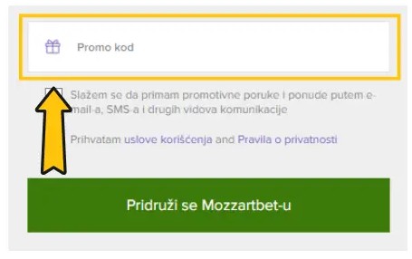 Mozzartbet registracija i Promo kod polje
