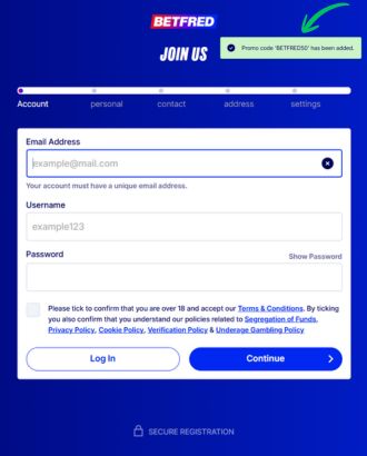 Screenshot showing how to to register and use Betfred promo code
