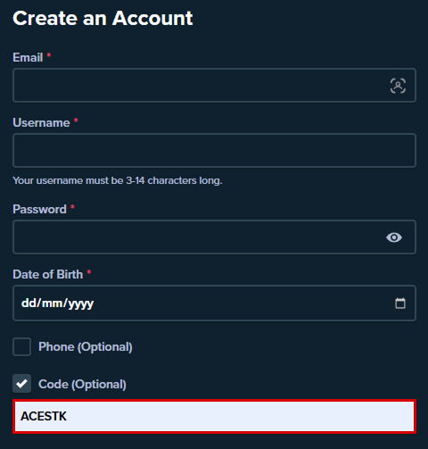 Screenshot of the Stake bonus code on the registration form.