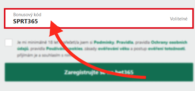 Pole pro Bet365 bonusový kód, zobrazující se při registraci uživatele na počítači v České republiky - SPRT365
