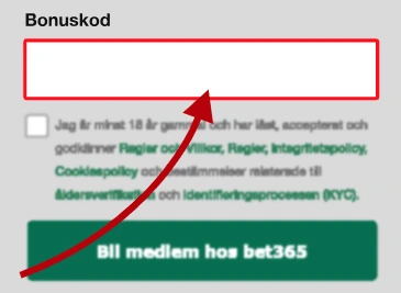 Plats för Bet365 bonuskodsruta - SPRT365