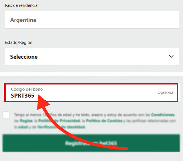 El campo de código de bono de Bet365 se muestra durante el registro de usuario de escritorio en Argentina - SPRT365