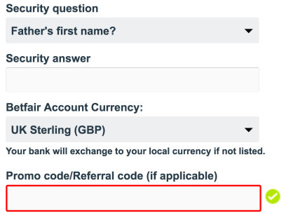 Betfair bonus code entry screen