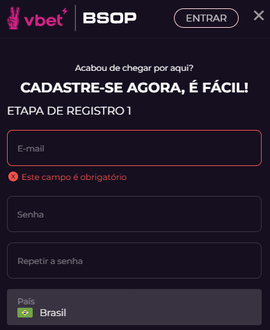 Formulário de cadastro da VBET