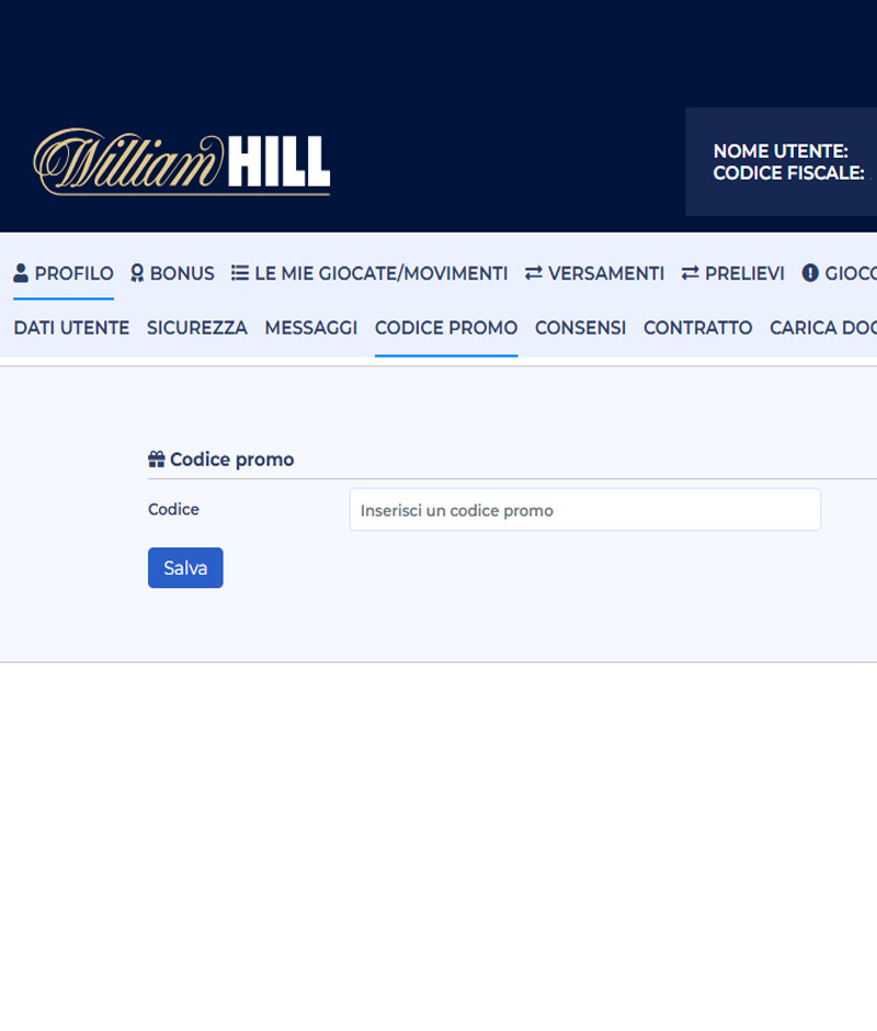 Registrazione e codice promozionale William Hill