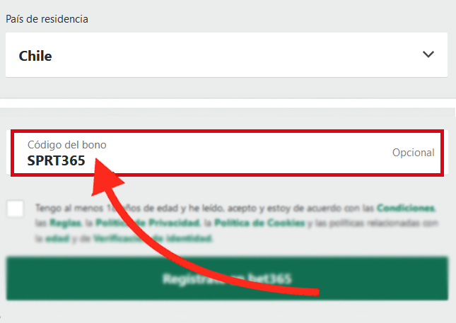 El campo de código de bono de Bet365 se muestra durante el registro de usuario de escritorio en Chile - SPRT365