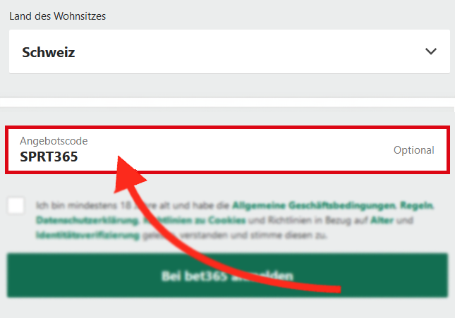 Das Bet365-Angebotscode-Feld, das während der Desktop-Benutzerregistrierung in Schweiz - SPRT365