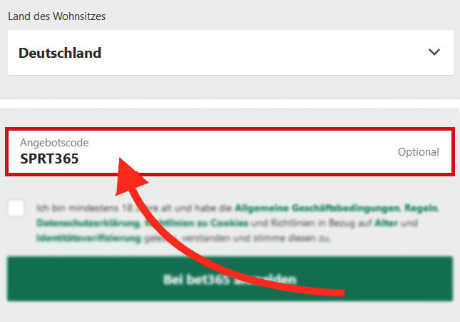 Das Bet365-Angebotscode-Feld, das während der Desktop-Benutzerregistrierung in Deutschland - SPRT365