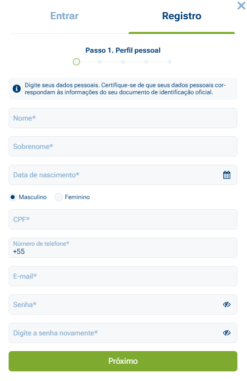 1xBet formulário de cadastro