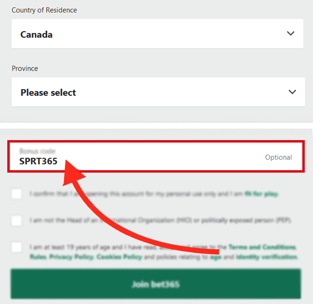 The Bet365 Canada bonus code field shown during desktop user registration - SPRT365