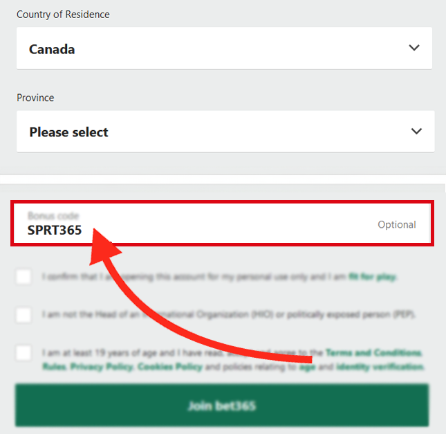 The bet365 Canada bonus code field shown during desktop user registration - SPRT365