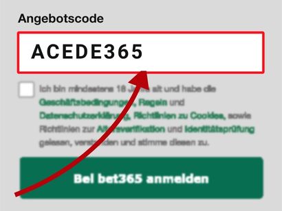 Lage der bet365 Angebotscode-Box - ACEDE365