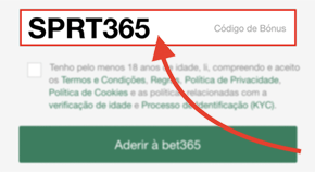 O campo do código de bônus Bet365 mostrado durante o registro móvel - SPRT365