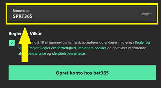Bet365 bonuskode feltet vist under registrering for danske spillere med bonuskoden SPRT365