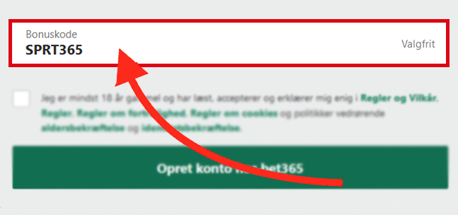 Bet365 bonuskodefeltet vist under desktop-brugerregistrering i Danmark - SPRT365