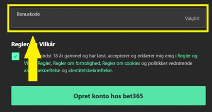 bet365 bonuskode feltet vist under registrering for danske spillere med bonuskoden SPRT365