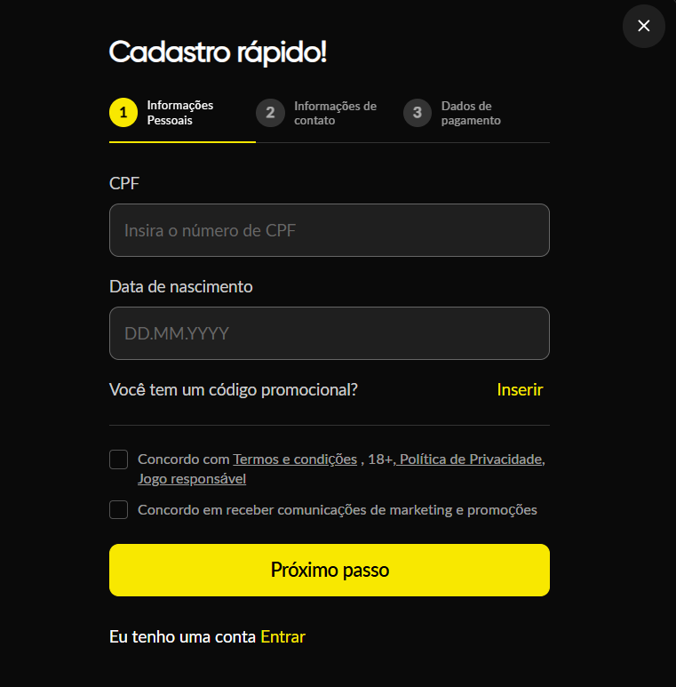 Formulário de cadastro da Betboom pede CPF e data de nascimento do usuário.