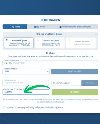 Where to enter 1xbet Promo Code to receive welcome bonus