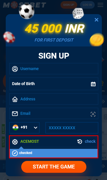 Screenshot of the Mostbet promo code on the registration form.