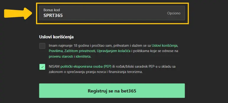 Saznaj gde i kako da uneseš bet365 promo kod prilikom registracije – pogledaj označeno polje na sajtu i iskoristi svoju ponudu.