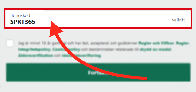 Bet365 bonuskodsfält som visas under registrering på dator i Sverige - SPRT365