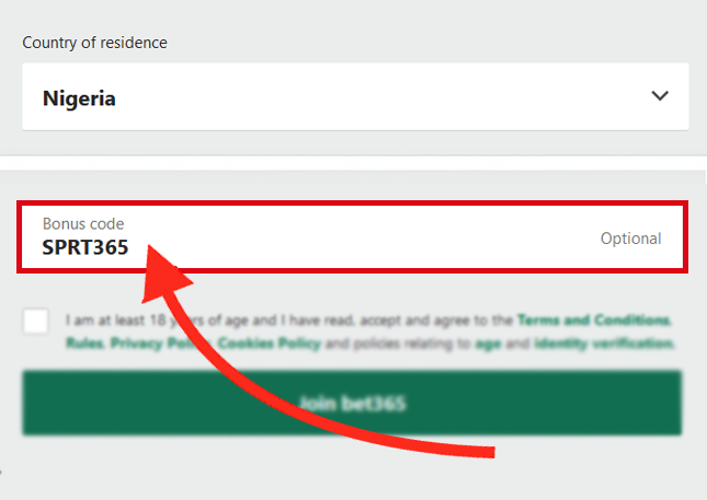 The bonus code field shown during desktop user registration on Bet365 - SPRT365