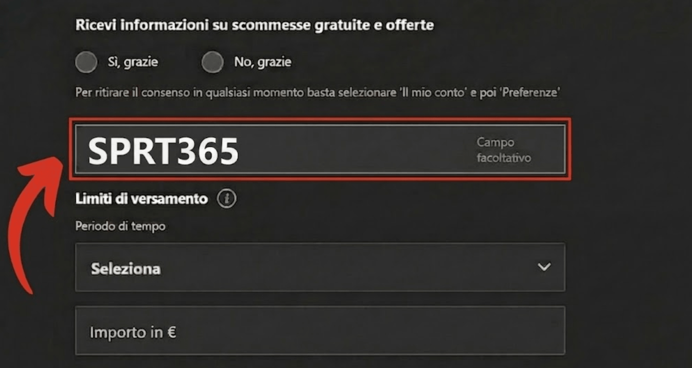 Il campo del codice bet365 mostrato durante la registrazione dell'utente da desktop in Italia.