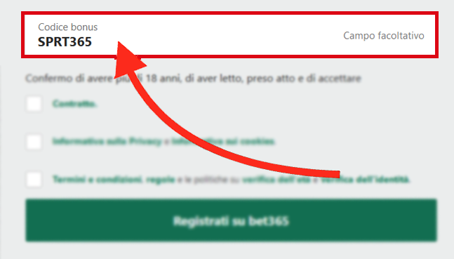 Il campo del codice Bet365 mostrato durante la registrazione dell'utente da desktop in Italia - SPRT365