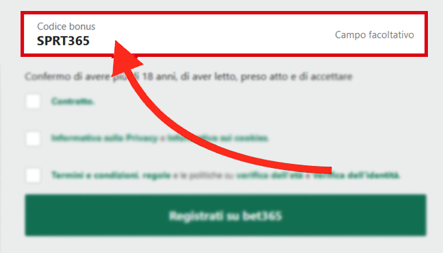 Il campo del codice bet365 mostrato durante la registrazione dell'utente da desktop in Italia - SPRT365