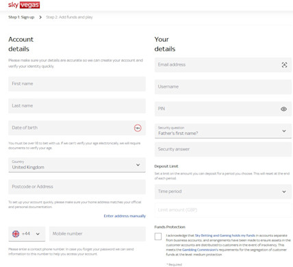 Sky Vegas Registration Page