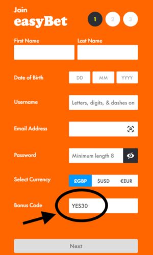 easyBet - where to enter bonus code