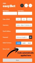 easyBet - where to enter bonus code