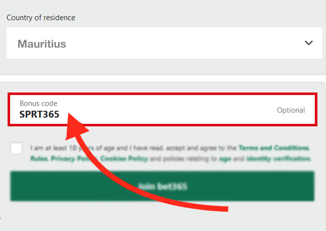 Where to enter the Bet365 bonus code when registering on a desktop - SPRT365