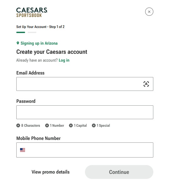 Caesars registration page